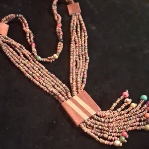 Sylca Designer Colorful Teak Wood Beaded Necklace 16 In Long. With Tassels